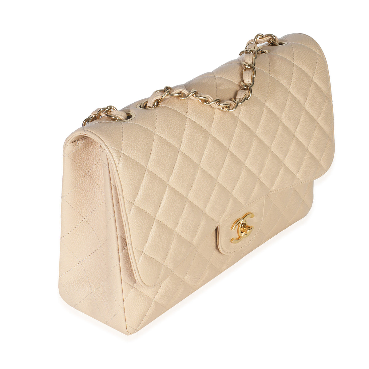 Beige Quilted Caviar Jumbo Single Flap Bag