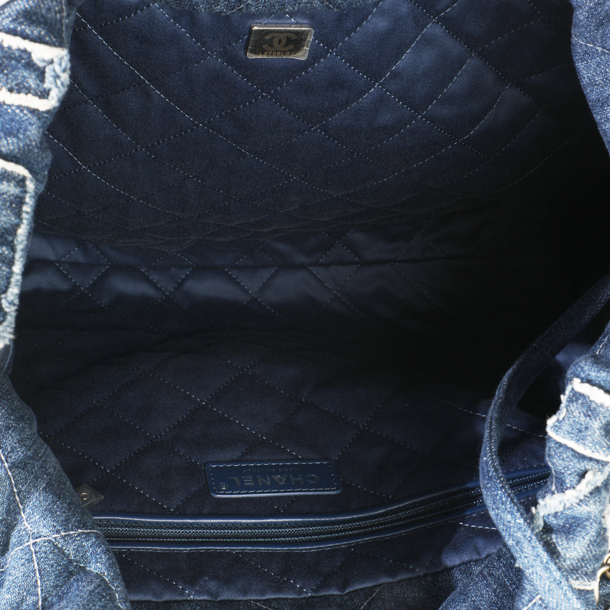 Blue Quilted Washed Denim Logo Embroidered Medium Chanel 22 Hobo