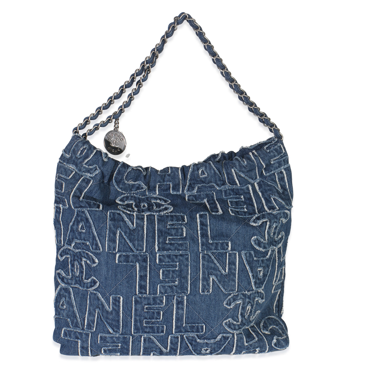 Blue Quilted Washed Denim Logo Embroidered Medium Chanel 22 Hobo