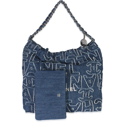 Blue Quilted Washed Denim Logo Embroidered Medium Chanel 22 Hobo