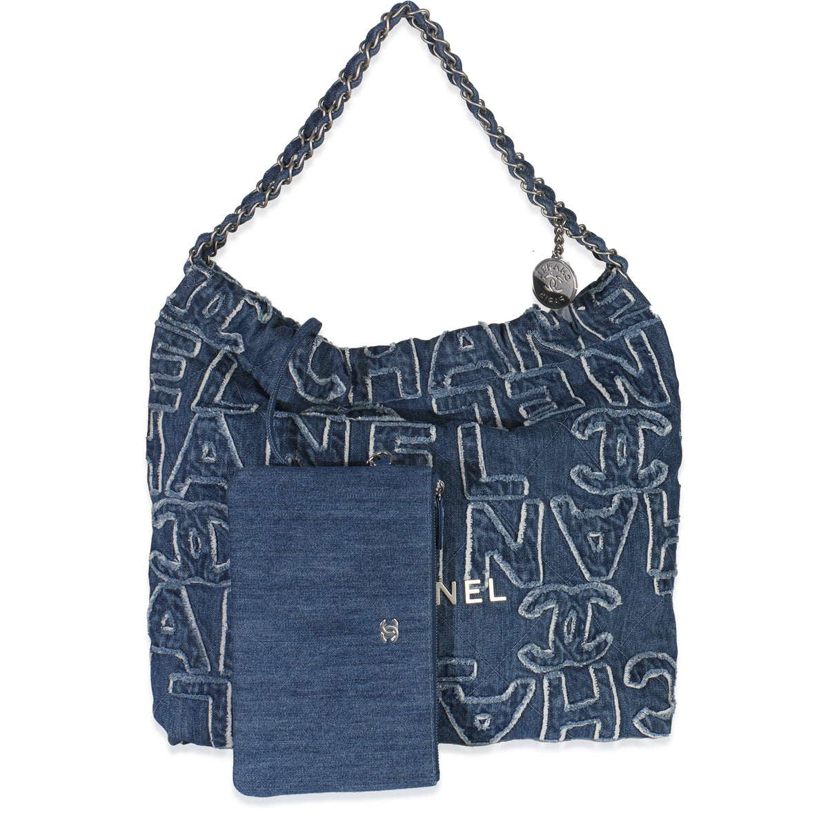 Blue Quilted Washed Denim Logo Embroidered Medium Chanel 22 Hobo