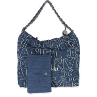 Blue Quilted Washed Denim Logo Embroidered Medium Chanel 22 Hobo