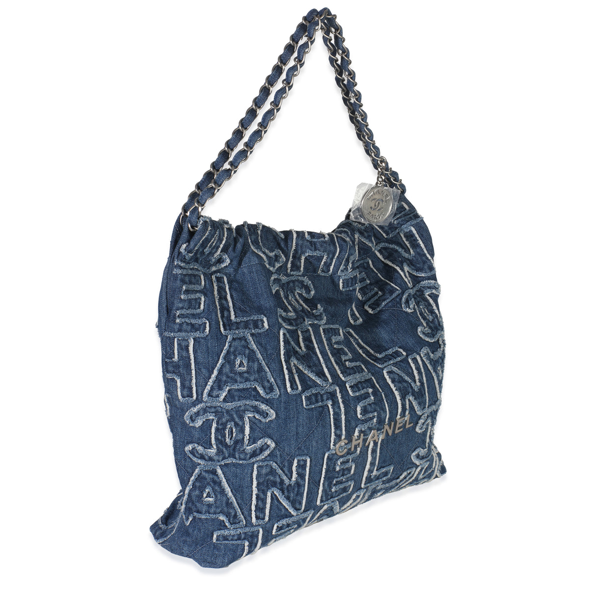 Blue Quilted Washed Denim Logo Embroidered Medium Chanel 22 Hobo