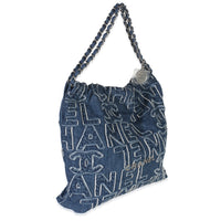Blue Quilted Washed Denim Logo Embroidered Medium Chanel 22 Hobo
