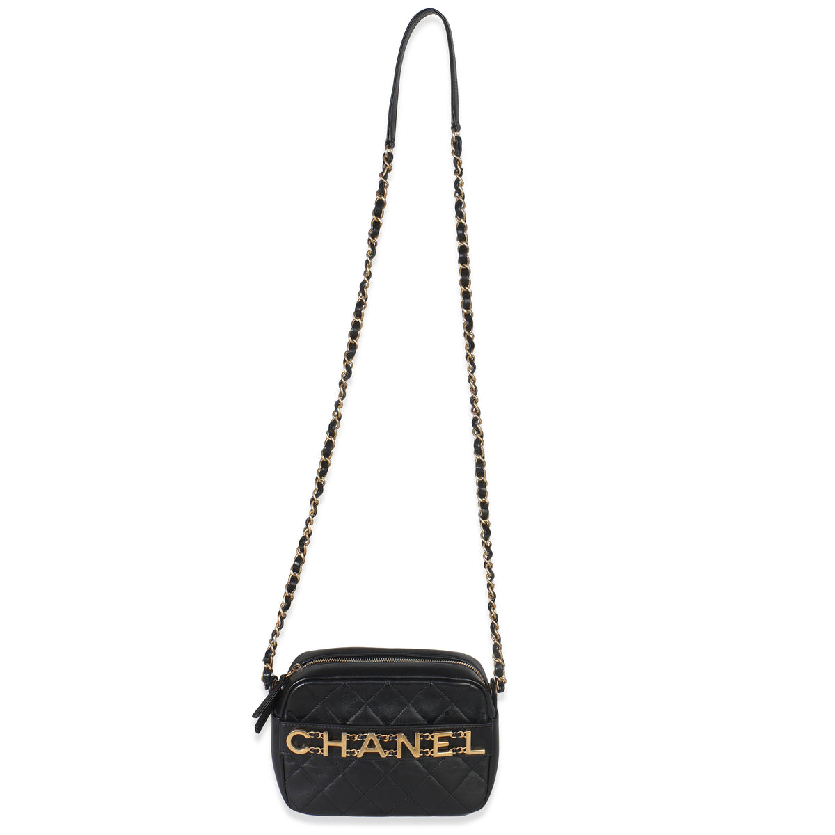 Black Quilted Lambskin Enchained Logo Chain Camera Case