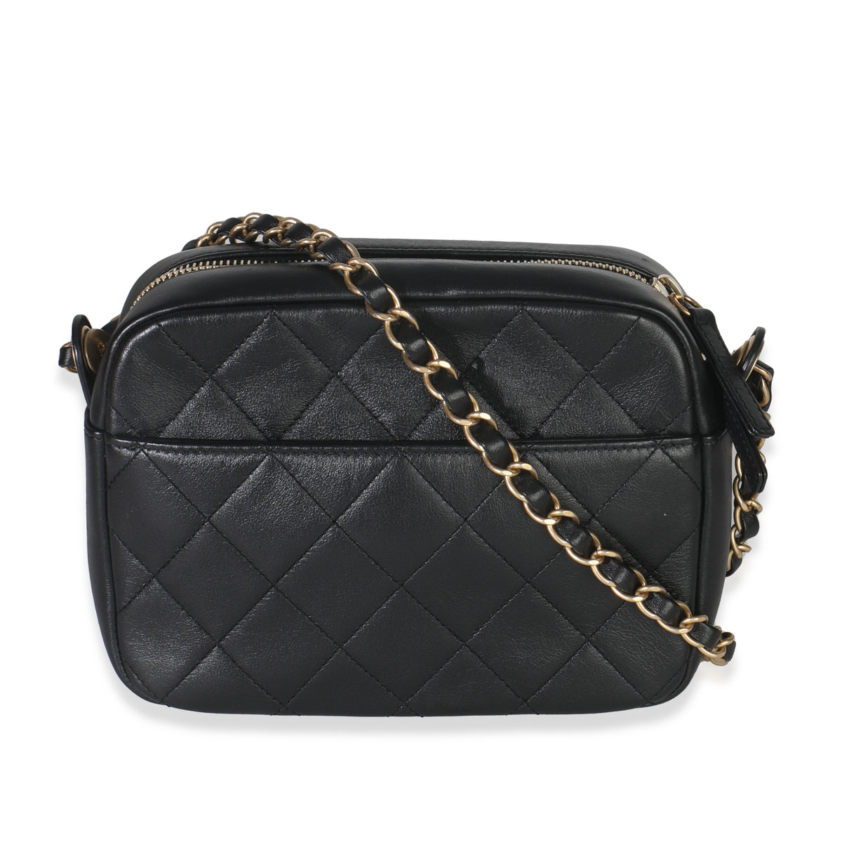 Black Quilted Lambskin Enchained Logo Chain Camera Case