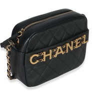 Black Quilted Lambskin Enchained Logo Chain Camera Case