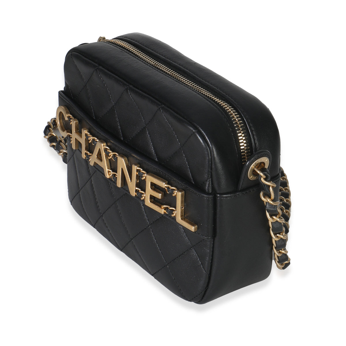 Black Quilted Lambskin Enchained Logo Chain Camera Case