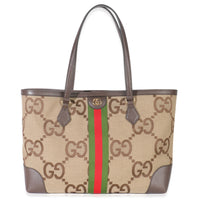 Beige Monogram Jumbo GG Textured Calfskin Web Medium Ophidia Shopping Tote
