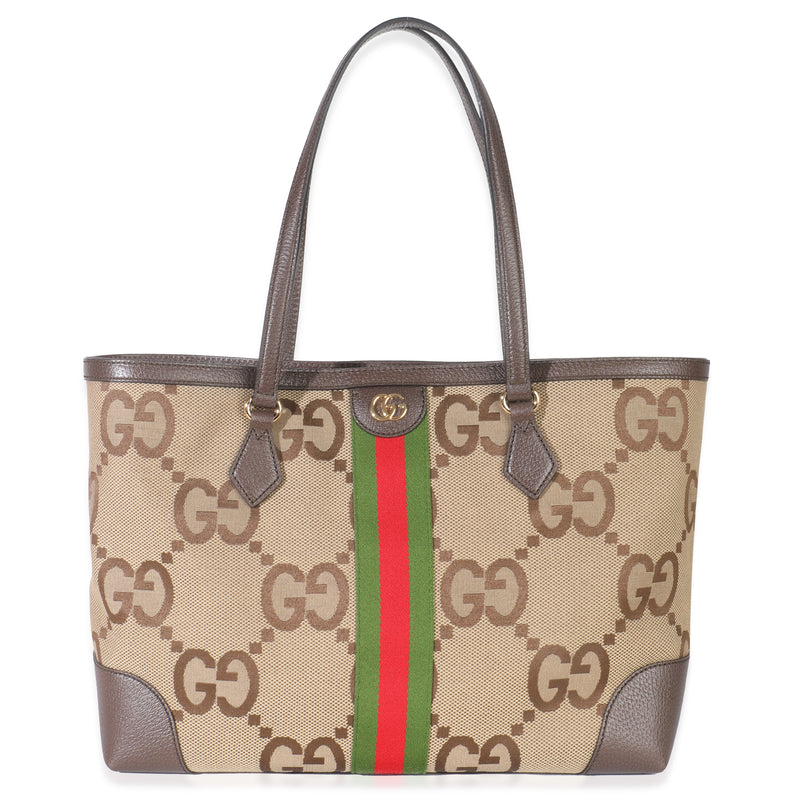 Beige Monogram Jumbo GG Textured Calfskin Web Medium Ophidia Shopping Tote