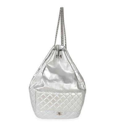 Silver Metallic Lambskin Seoul Drawstring Backpack