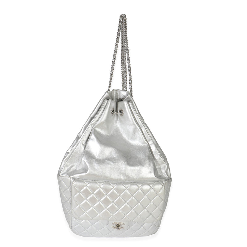 Silver Metallic Lambskin Seoul Drawstring Backpack