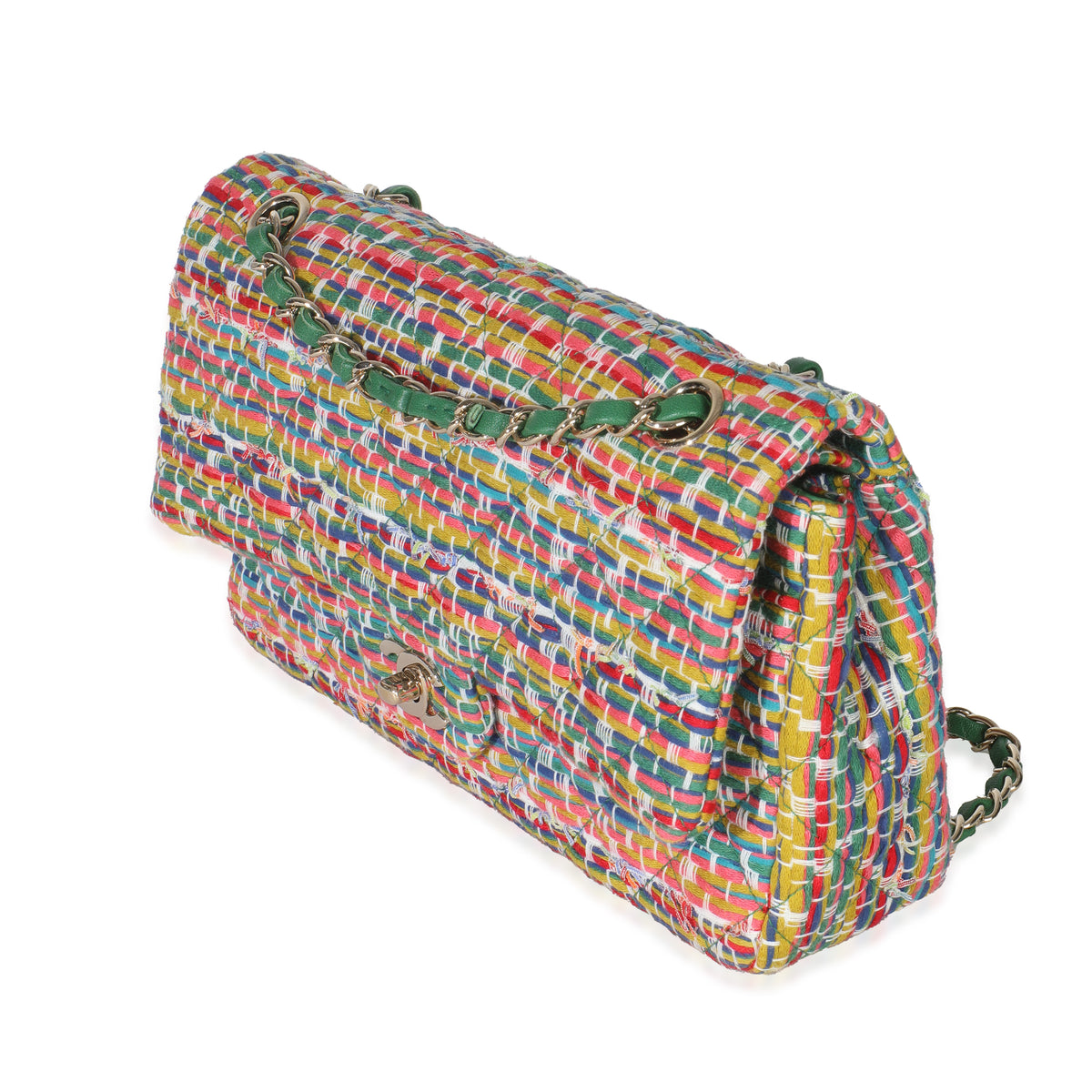 Green Yellow Red Multicolor Tweed Medium Classic Double Flap Bag