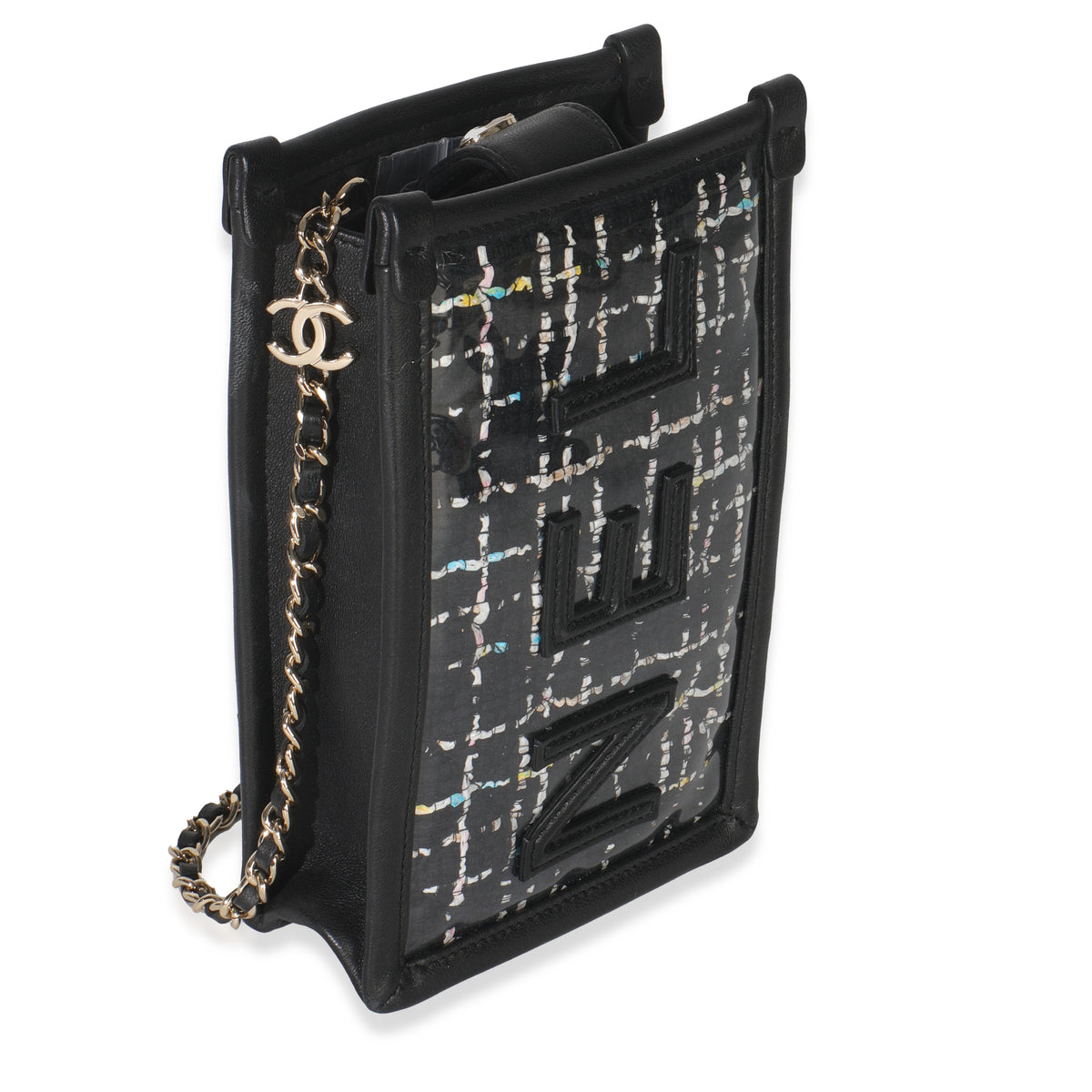 Black Tweed PVC Logo Pouch With Chain