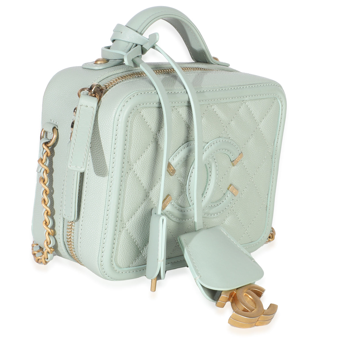 Mint Quilted Caviar Small CC Filigree Vanity Case