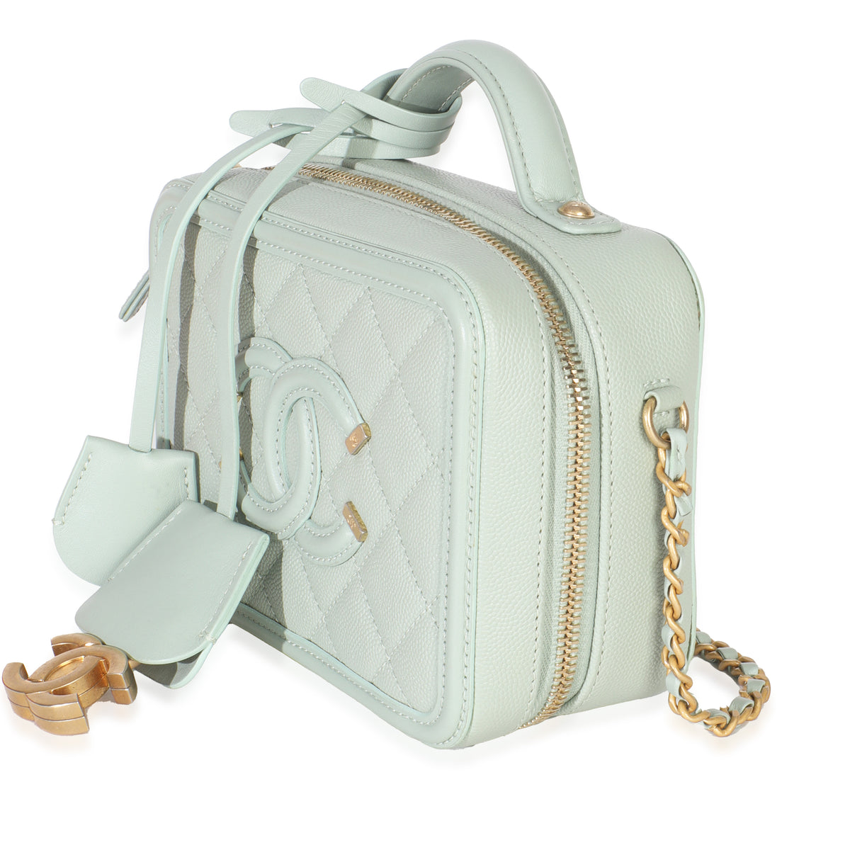 Mint Quilted Caviar Small CC Filigree Vanity Case