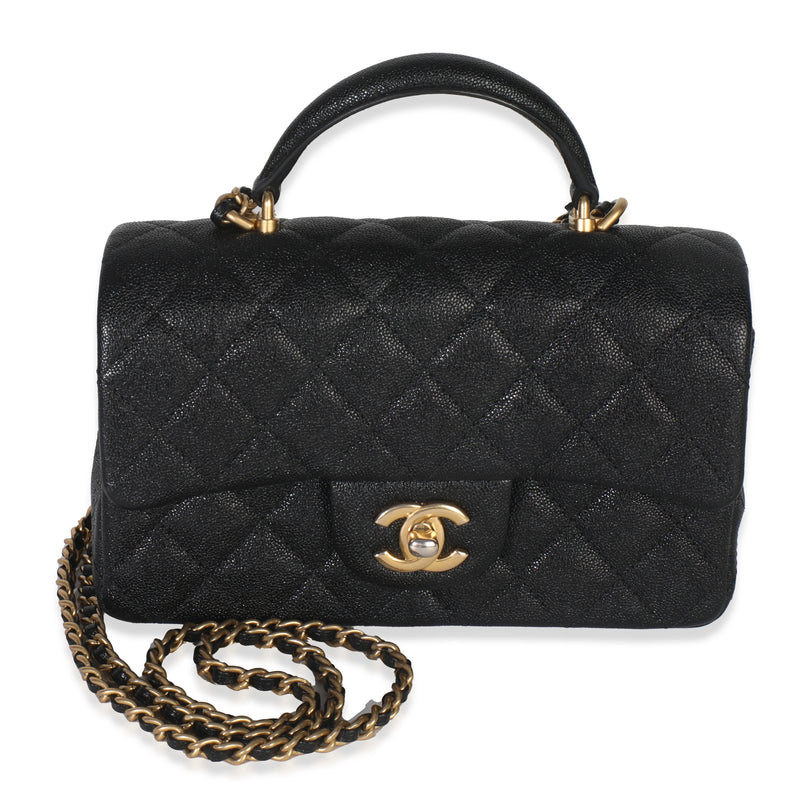 Black Quilted Caviar Mini Top Handle Rectangular Flap Handbag