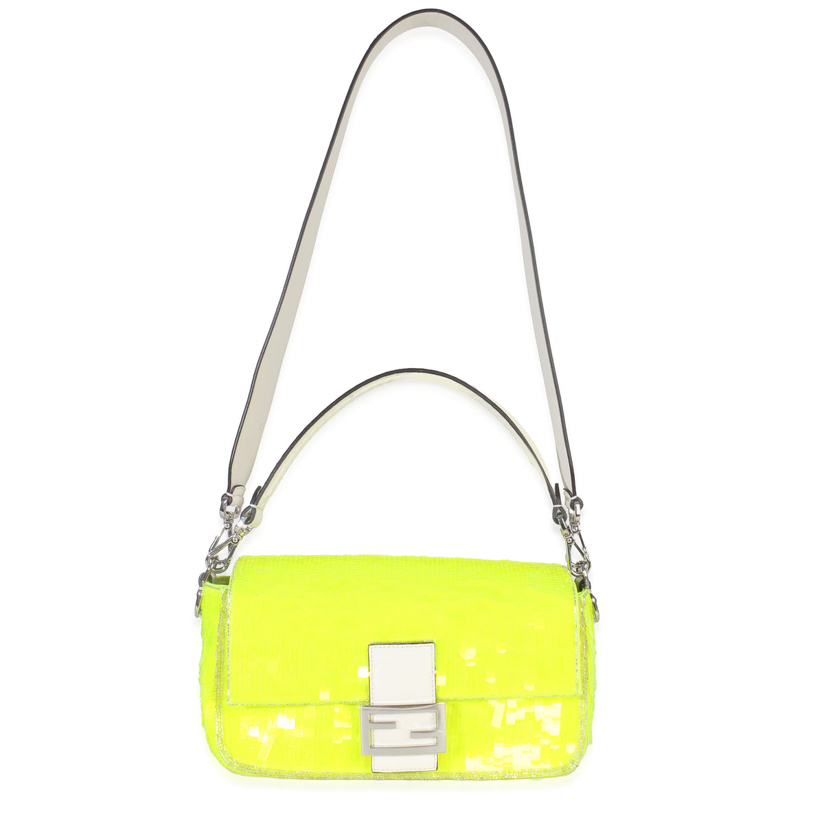 Neon Yellow Satin Sequin Paillettes Elaphe Sequin Medium Baguette Bag