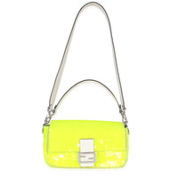 Neon Yellow Satin Sequin Paillettes Elaphe Sequin Medium Baguette Bag