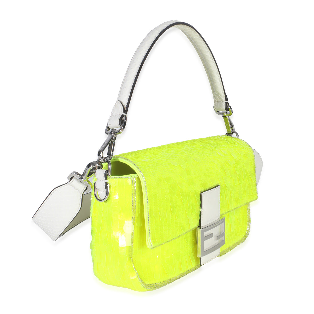 Neon Yellow Satin Sequin Paillettes Elaphe Sequin Medium Baguette Bag