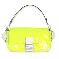 Neon Yellow Satin Sequin Paillettes Elaphe Sequin Medium Baguette Bag