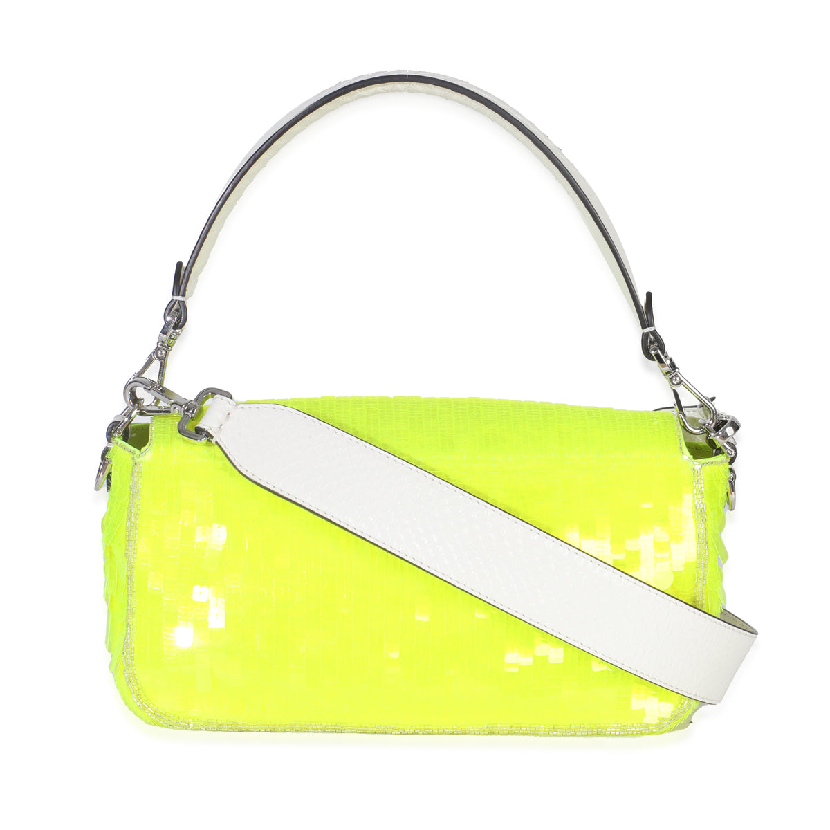 Neon Yellow Satin Sequin Paillettes Elaphe Sequin Medium Baguette Bag