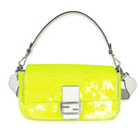 Neon Yellow Satin Sequin Paillettes Elaphe Sequin Medium Baguette Bag