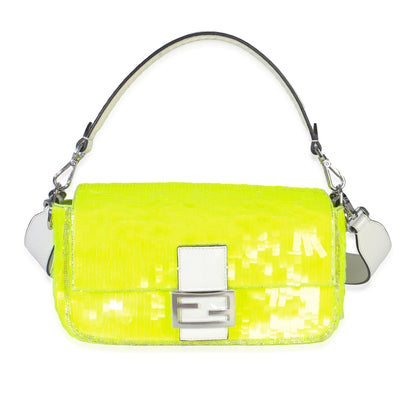 Neon Yellow Satin Sequin Paillettes Elaphe Sequin Medium Baguette Bag