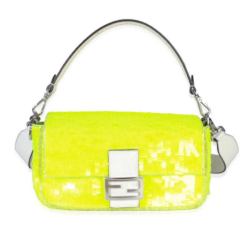 Neon Yellow Satin Sequin Paillettes Elaphe Sequin Medium Baguette Bag