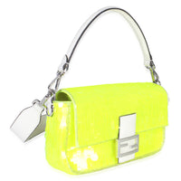 Neon Yellow Satin Sequin Paillettes Elaphe Sequin Medium Baguette Bag