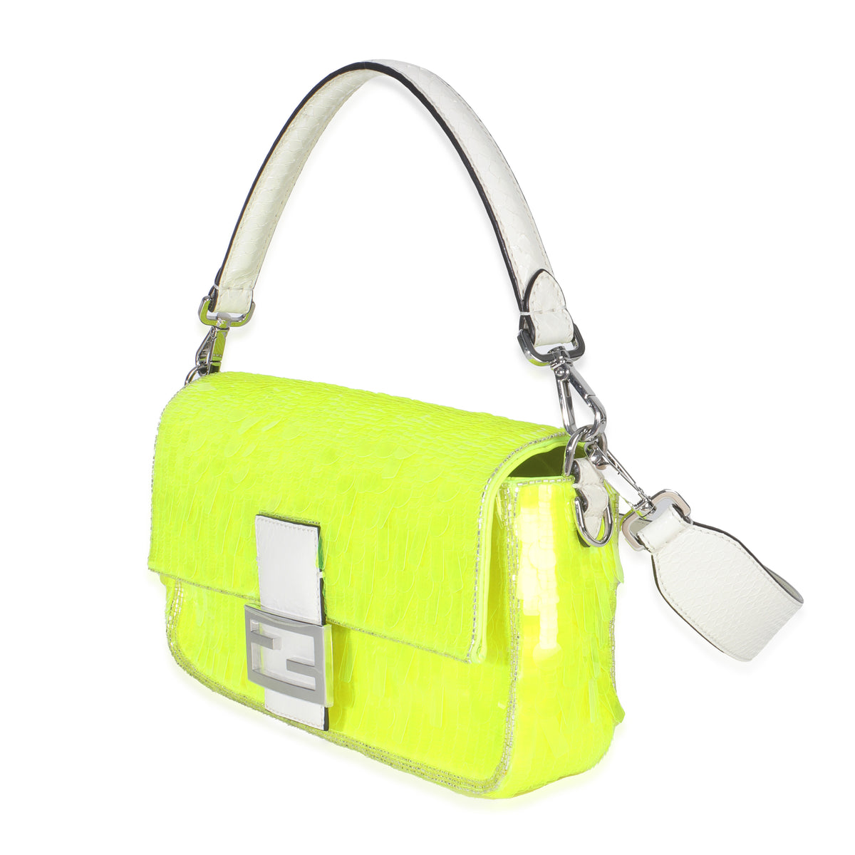 Neon Yellow Satin Sequin Paillettes Elaphe Sequin Medium Baguette Bag