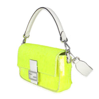 Neon Yellow Satin Sequin Paillettes Elaphe Sequin Medium Baguette Bag