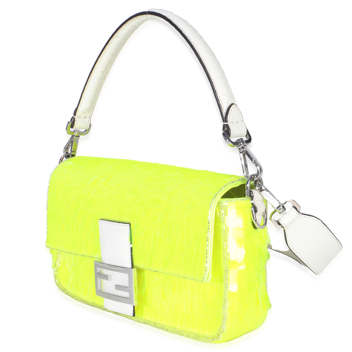 Neon Yellow Satin Sequin Paillettes Elaphe Sequin Medium Baguette Bag