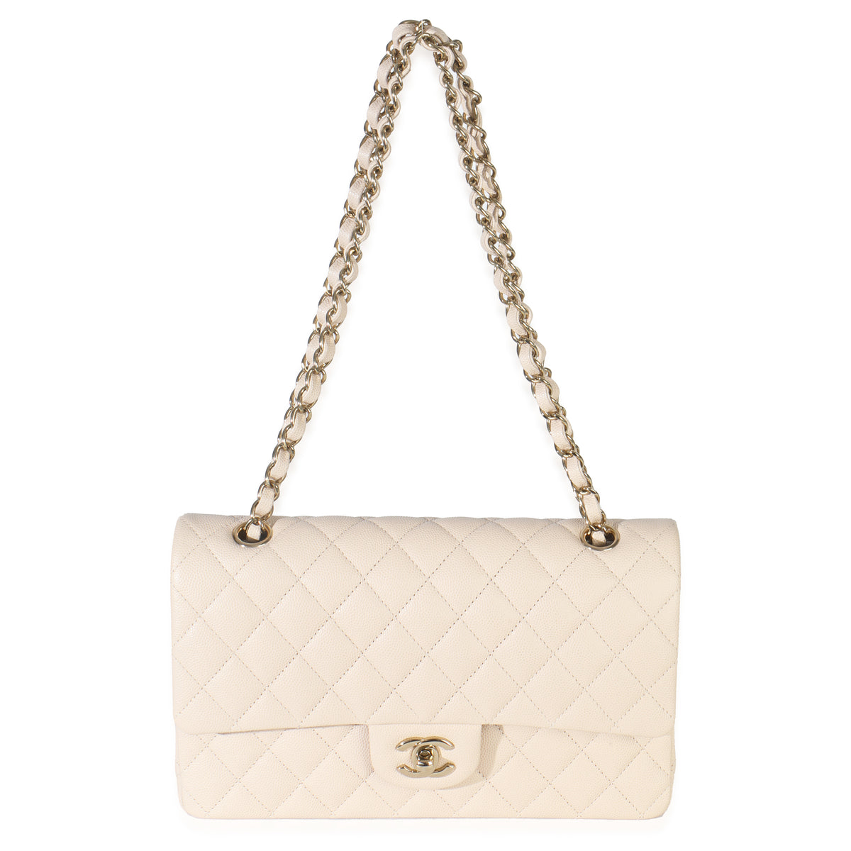 Beige Quilted Caviar Medium Classic Double Flap Handbag