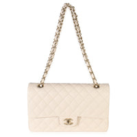Beige Quilted Caviar Medium Classic Double Flap Handbag