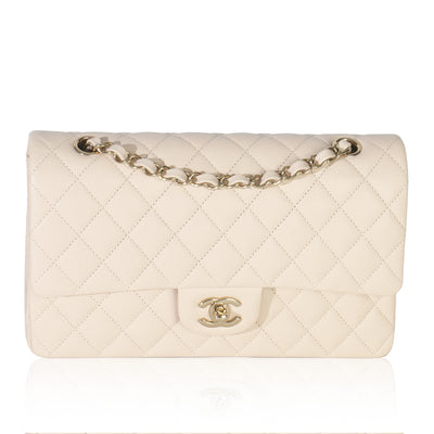 Beige Quilted Caviar Medium Classic Double Flap Handbag