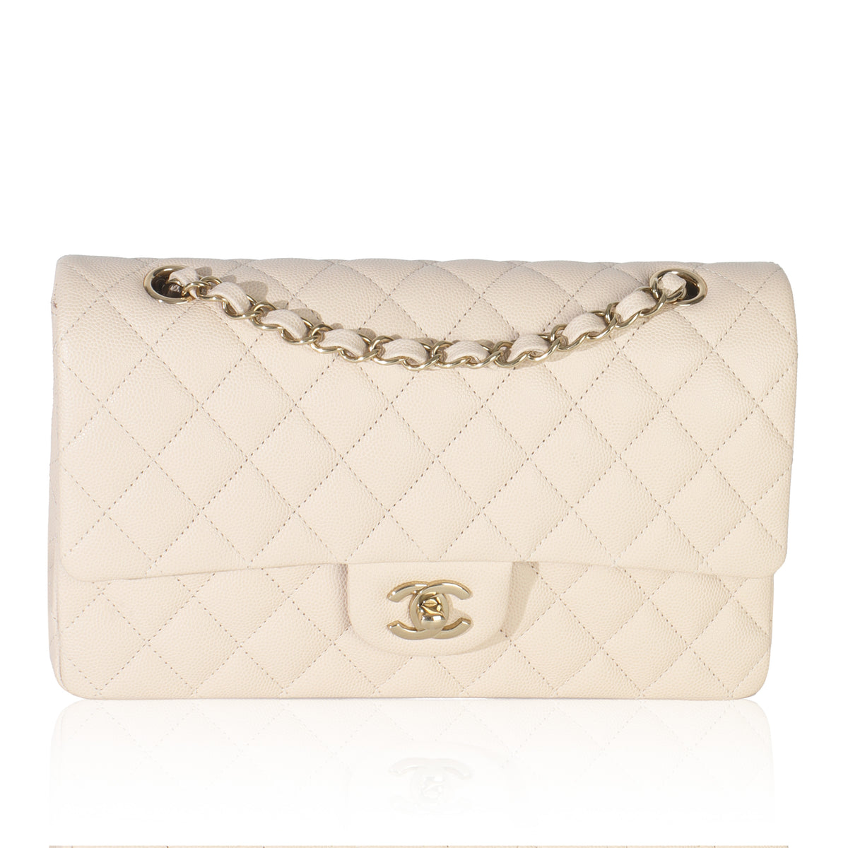 Beige Quilted Caviar Medium Classic Double Flap Handbag