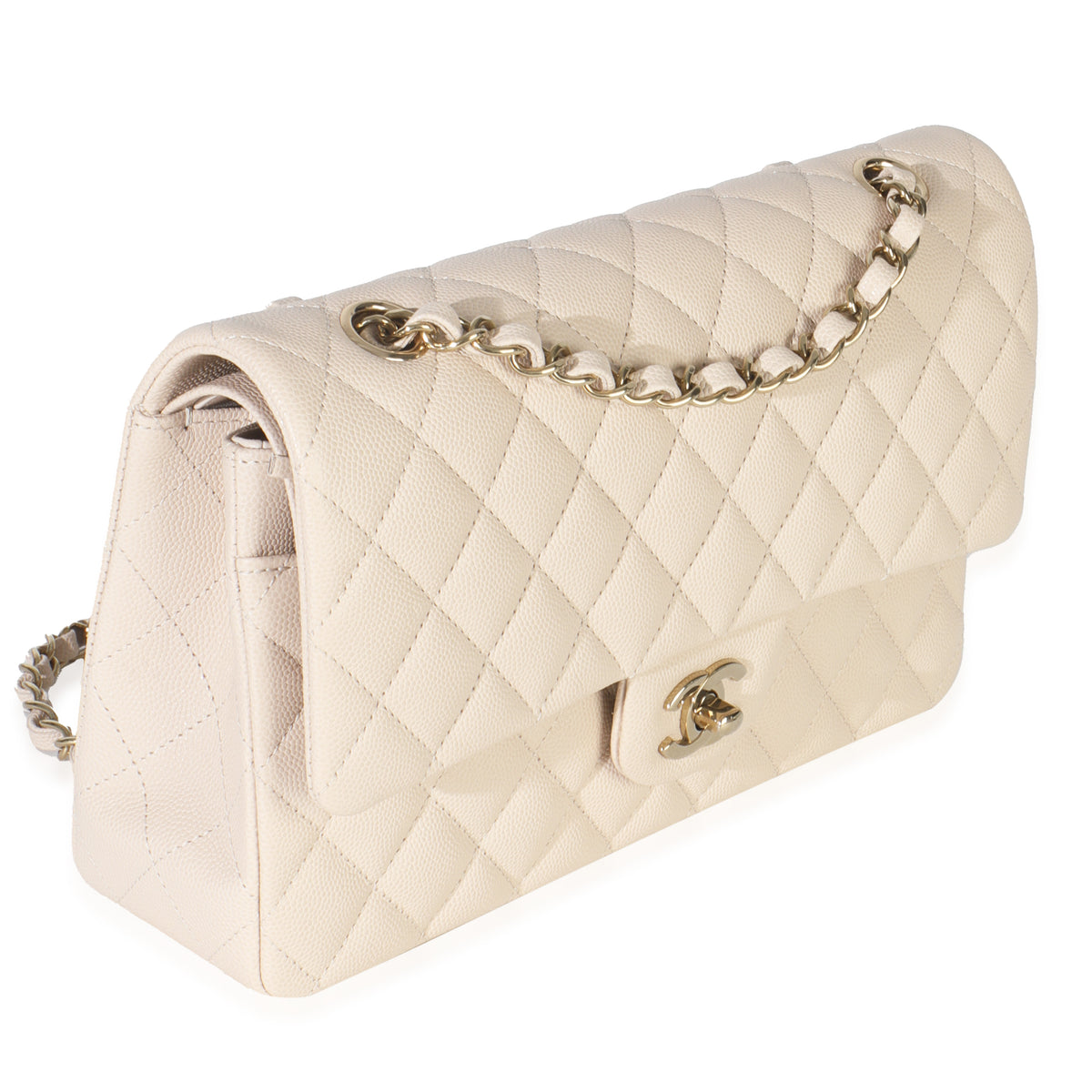 Beige Quilted Caviar Medium Classic Double Flap Handbag