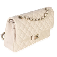 Beige Quilted Caviar Medium Classic Double Flap Handbag