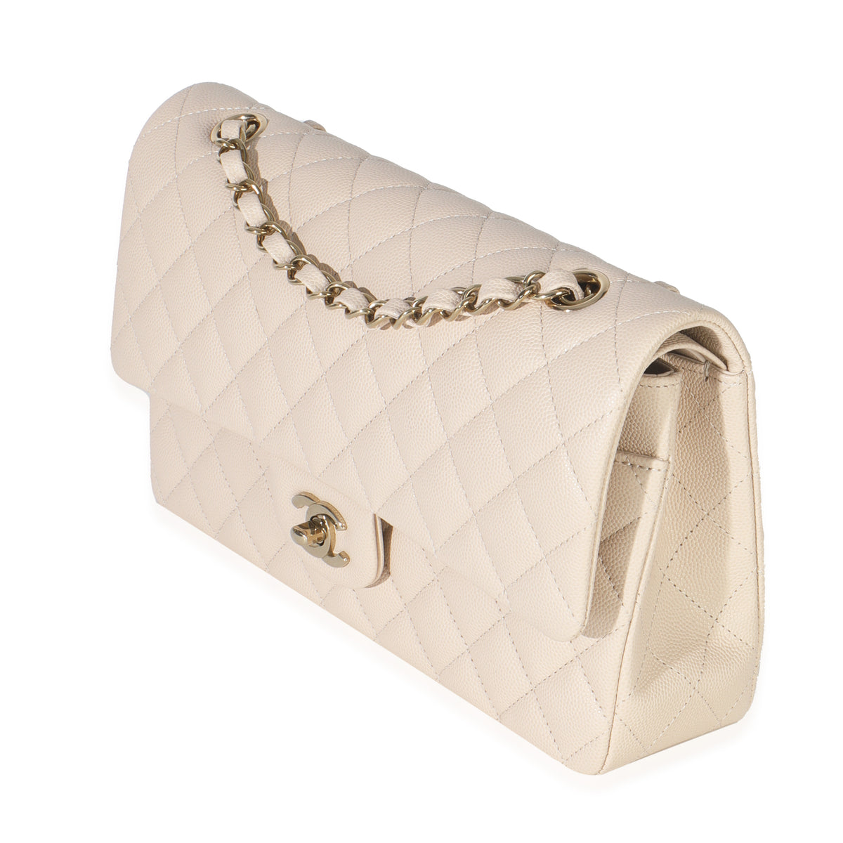Beige Quilted Caviar Medium Classic Double Flap Handbag