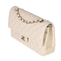 Beige Quilted Caviar Medium Classic Double Flap Handbag