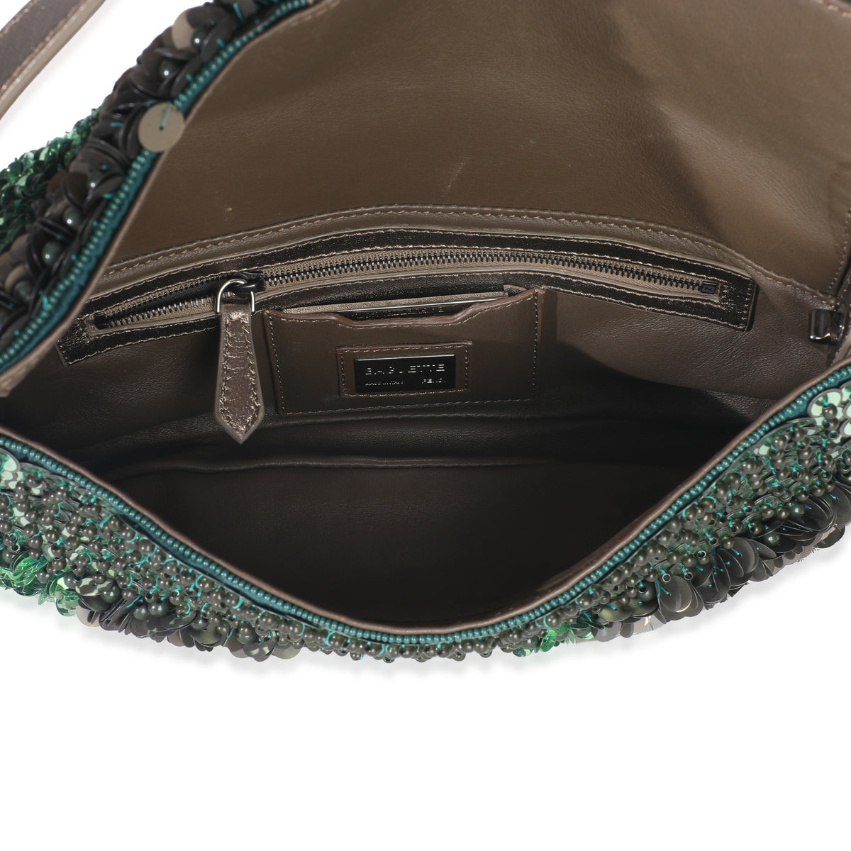 Green Metallic Leather Beaded Sequin Medium Baguette