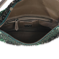 Green Metallic Leather Beaded Sequin Medium Baguette