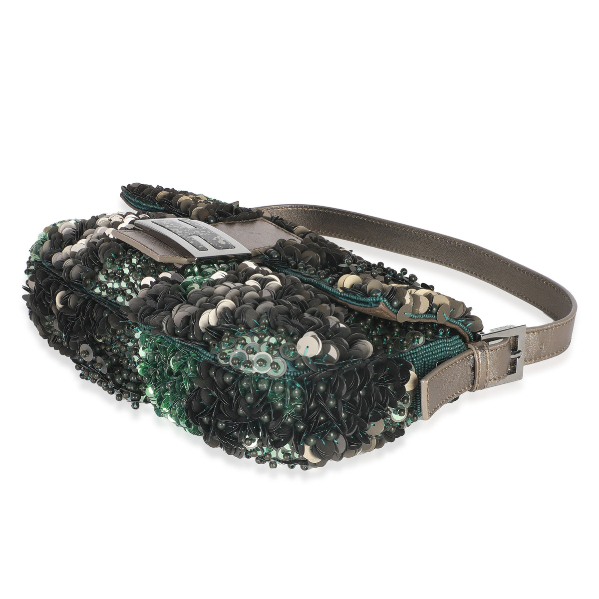 Green Metallic Leather Beaded Sequin Medium Baguette