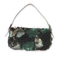 Green Metallic Leather Beaded Sequin Medium Baguette