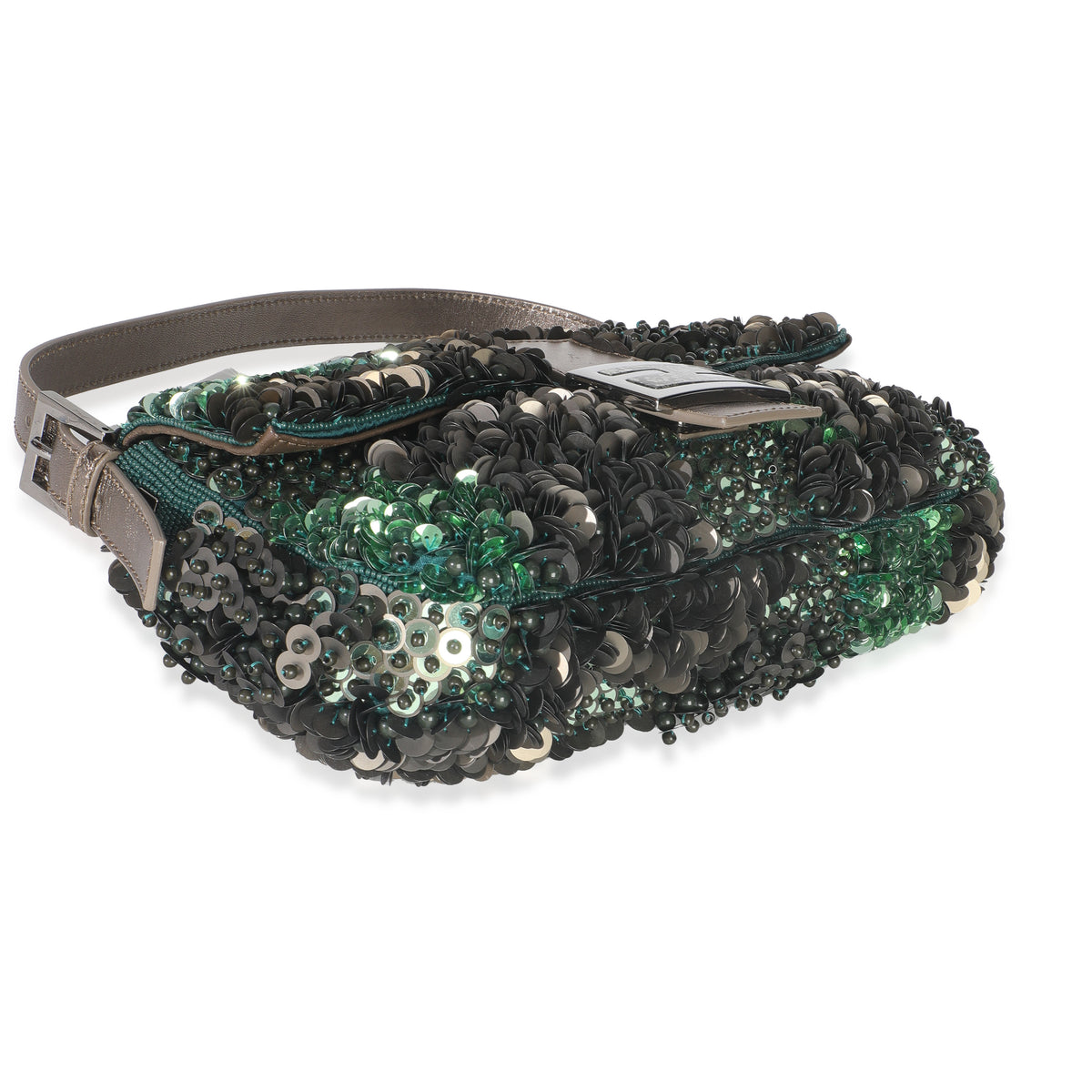 Green Metallic Leather Beaded Sequin Medium Baguette
