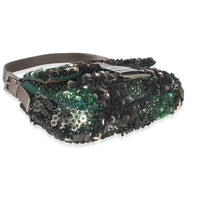 Green Metallic Leather Beaded Sequin Medium Baguette