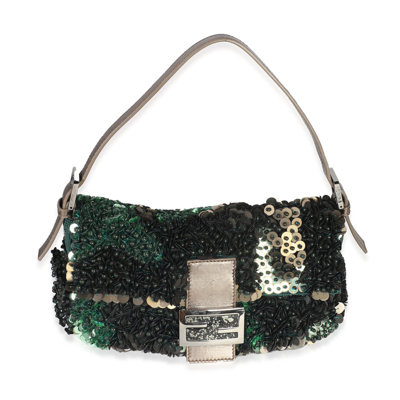 Green Metallic Leather Beaded Sequin Medium Baguette