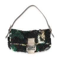 Green Metallic Leather Beaded Sequin Medium Baguette