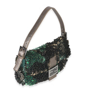 Green Metallic Leather Beaded Sequin Medium Baguette
